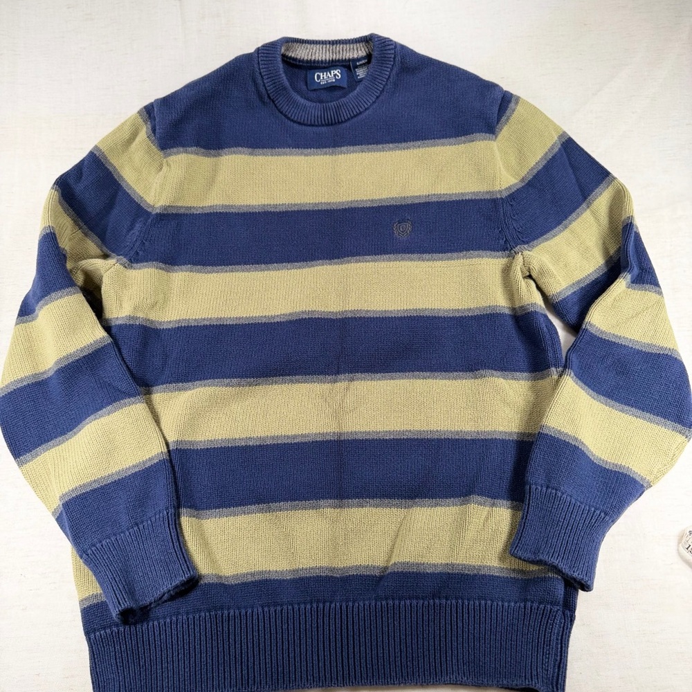 Chaps Blue Tan Striped S Crew Neck Knit Pullover Sweater Men Logo